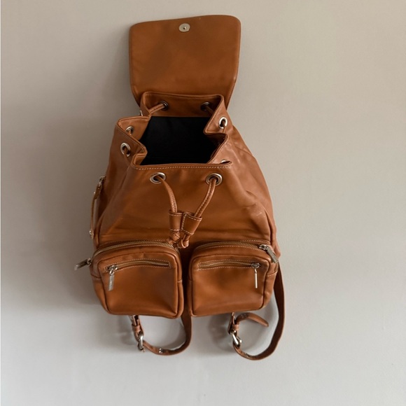 Perlina Cognac Brown Leather Backpack Drawstring  Bag Vintage Made in Korea